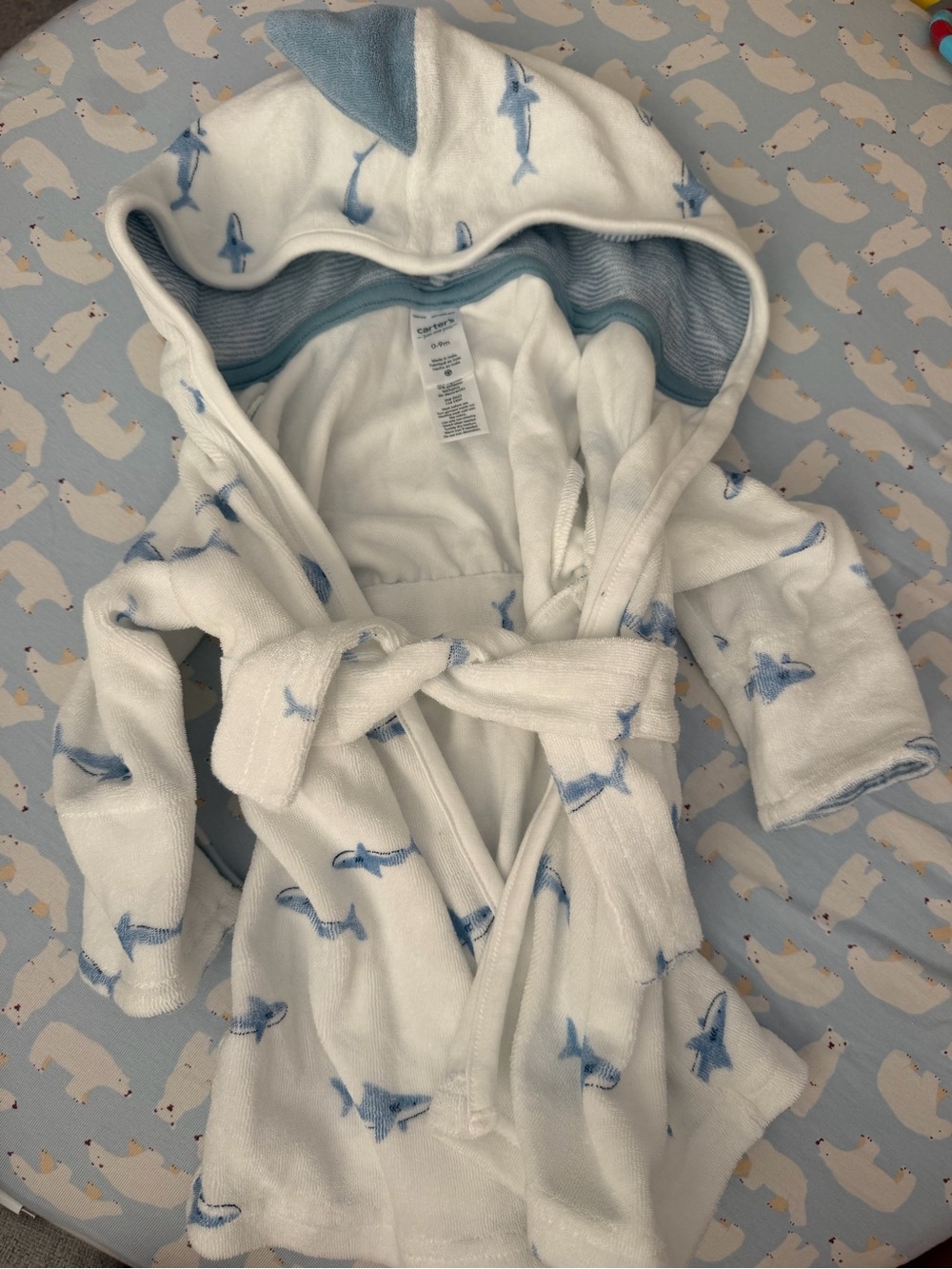 Carter's White Hooded Baby Robe with Light Blue Shark Print